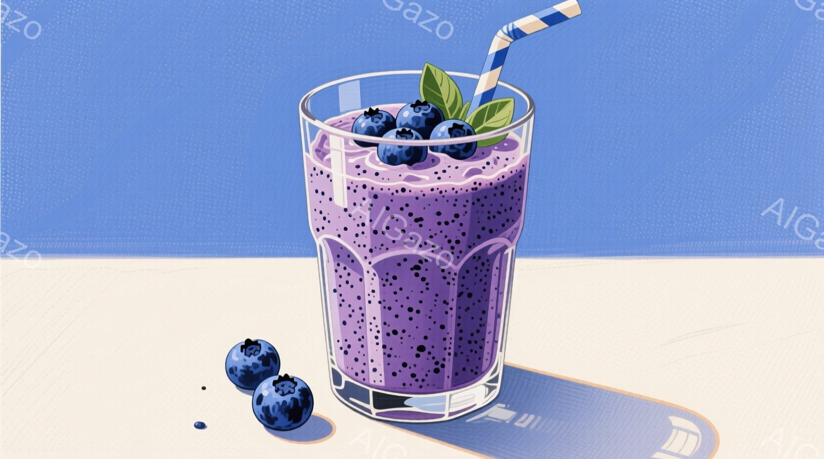 鮮やかな紫色をしたスムージーがグラスに注がれており、数個のブルーベリーとミントの葉で飾られています。グラスのそばには、さらにブルーベリーが数個転がっており、全体が明るいベージュ色の表面と青い背景の上に置かれています。影がはっきりと描かれており、光が強い日差しの下で撮影されたように見えます。