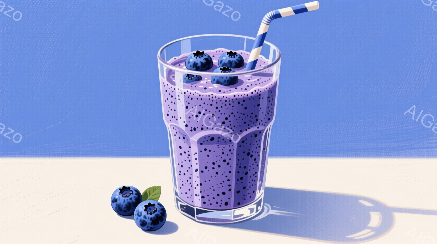 鮮やかな青紫色のスムージーがグラスに満たされ、数個のブルーベリーが飾られています。グラスの横には、さらに数個のブルーベリーが置かれ、影が落とされています。背景は淡い水色で、全体的に爽やかで美味しそうな雰囲気を醸し出しています。
