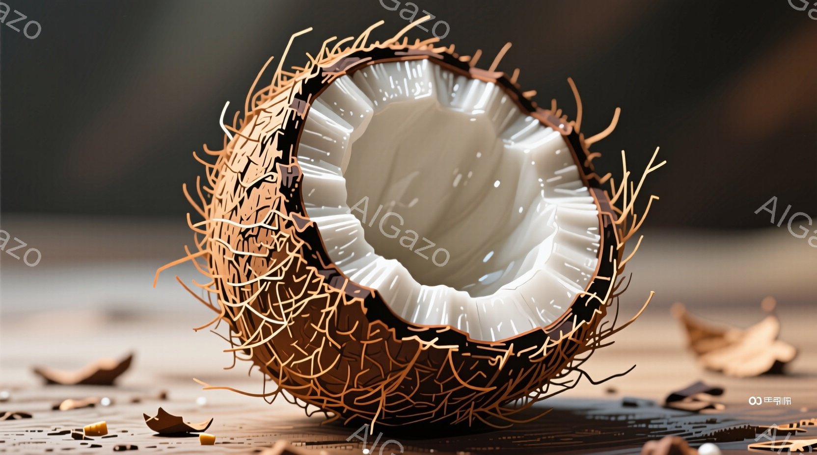 ココナッツが半分に割れて、白い果肉が露出しているクローズアップ写真です。周囲にはココナッツの繊維が散らばり、地面は茶色とベージュの混ざった色合いで、光沢のある質感を持っています。全体的に暖色系の色調で - AI生成フリー素材