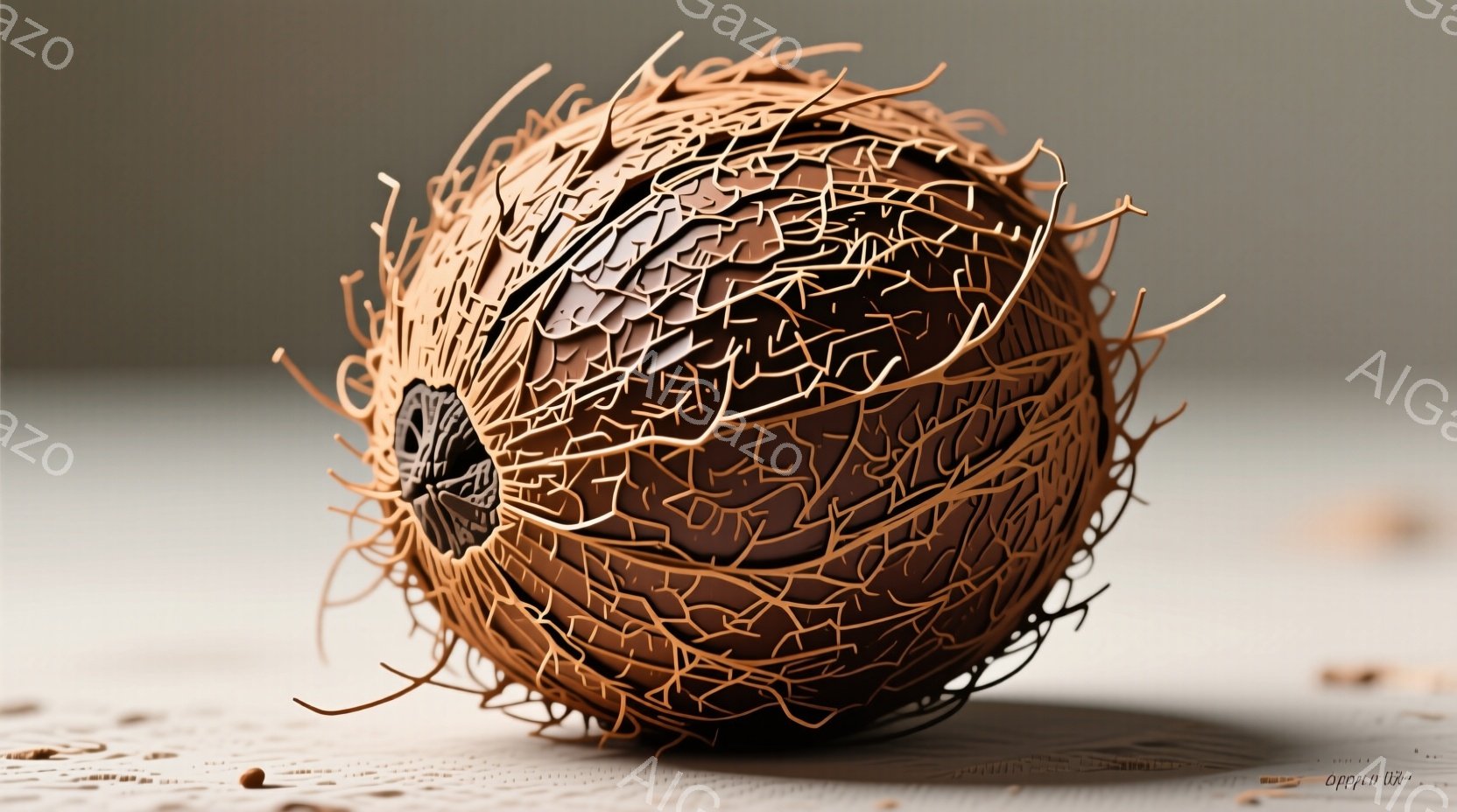 不規則に絡み合った茶色の線状の構造物が球状の物体を覆っている。内部には、暗く複雑な模様が見え隠れし、まるで植物の種子のような印象を与える。背景は淡いグレーで、わずかな影が物体に奥行きを与えている。