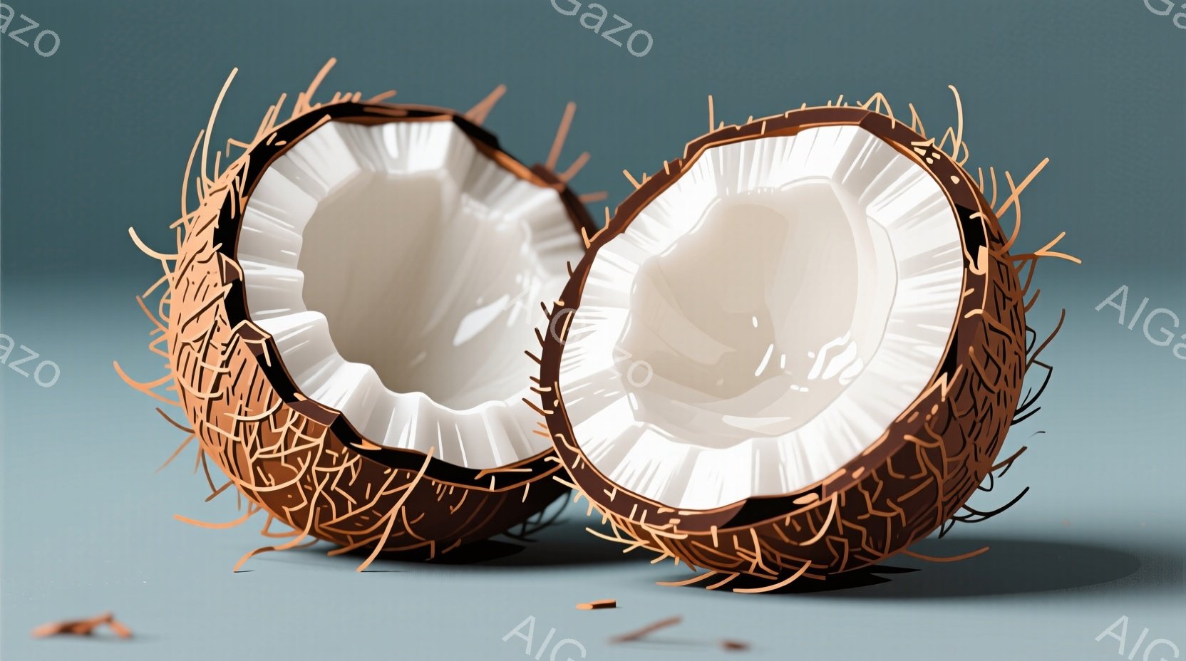 ココナッツが割れて2つに分かれた様子が写っています。外側の茶色の殻は繊維質で、内側の果肉は白く、滑らかに見えます。背景は水色で、いくつかの割れた殻の破片が散らばっており、シンプルな構成でココナッツが際立っています。