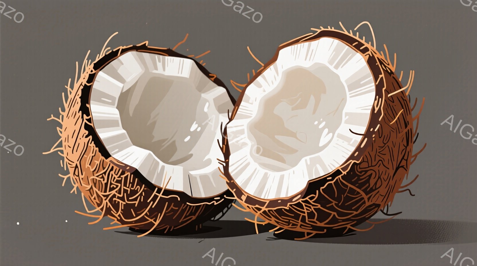 割られたココナッツが2つ、茶色い影の上にくっきりと描かれています。ココナッツの外側は粗い繊維質で、中は滑らかな白い果肉で表現されています。背景は単調な灰色で、ココナッツの自然な色と質感が際立っています - AI生成フリー素材