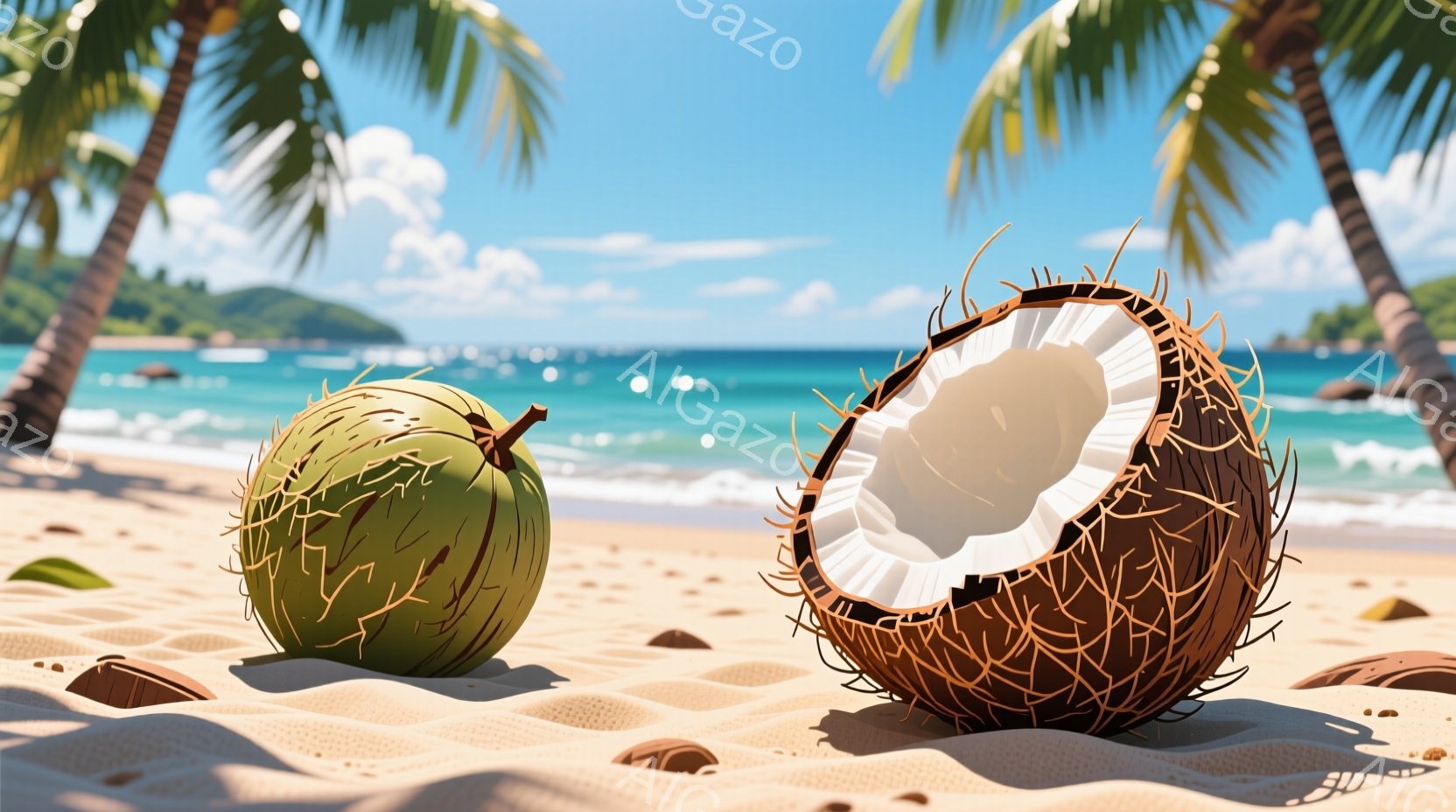 砂浜にココナッツが二つ置かれています。一つは殻全体で、もう一つは半分に割れて中身が見えています。背景には青い海、白い波、そして緑の山々とヤシの木が見え、晴れた暖かい日の穏やかなビーチの雰囲気が漂ってい - AI生成フリー素材