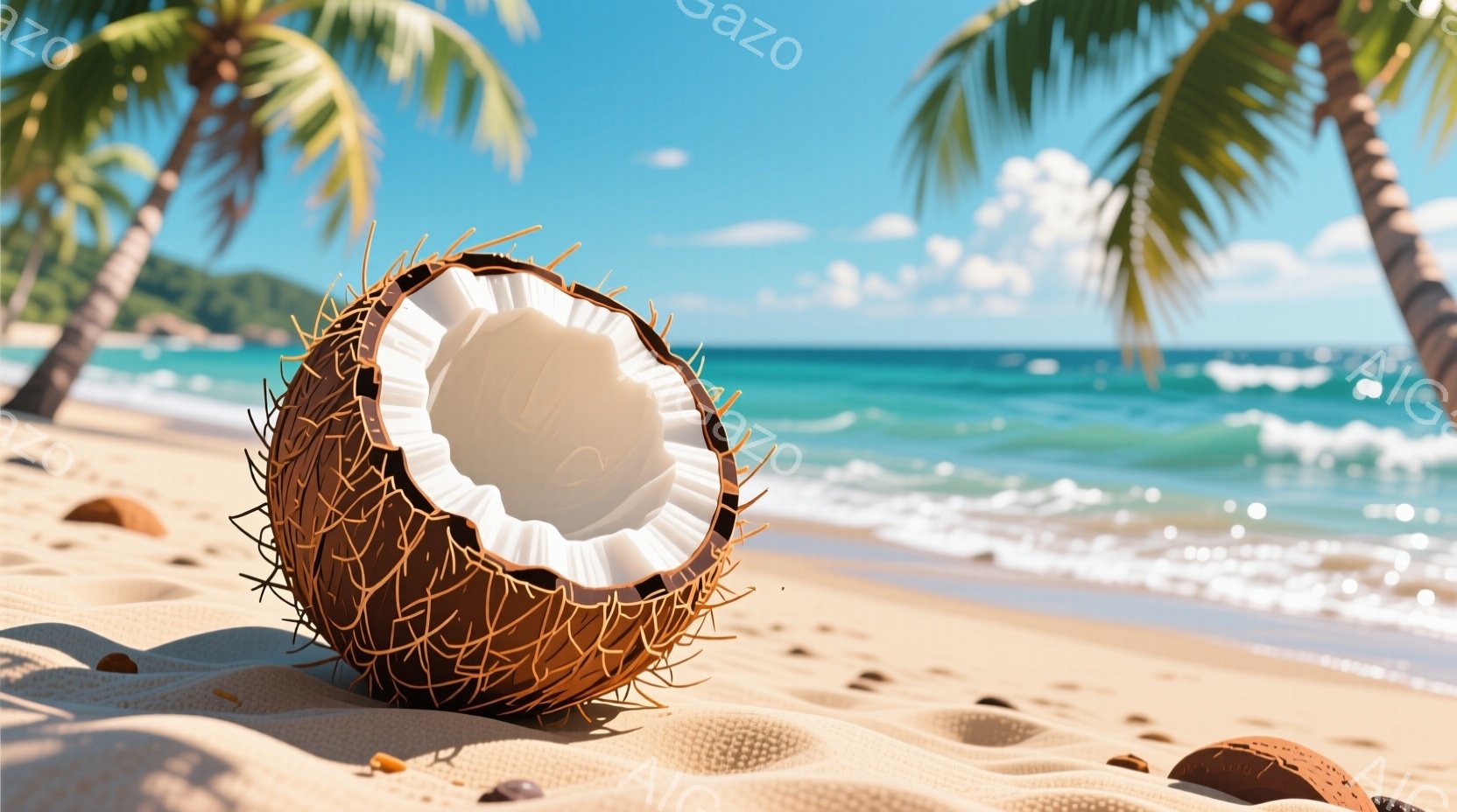 砂浜に割れたココナッツが横たわっており、中身の白い果肉が見えている。背景には青い海と白い波、そしてヤシの木々が描かれ、晴天で穏やかな南国のビーチの雰囲気が漂っている。全体的に明るく、リラックスした夏の - AI生成フリー素材