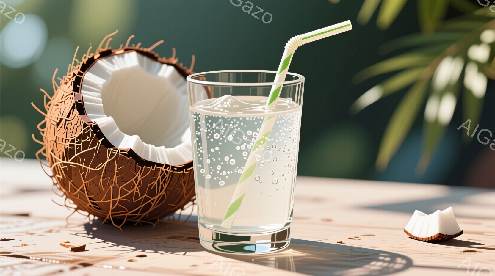 ココナッツの半分とココナッツウォーターが入ったグラスが木製のテーブルに置かれています。背景はぼやけた緑で、屋外の明るい日差しの中で、リフレッシュできる夏の雰囲気が漂います。テーブル上にはココナッツの破 - AI生成フリー素材