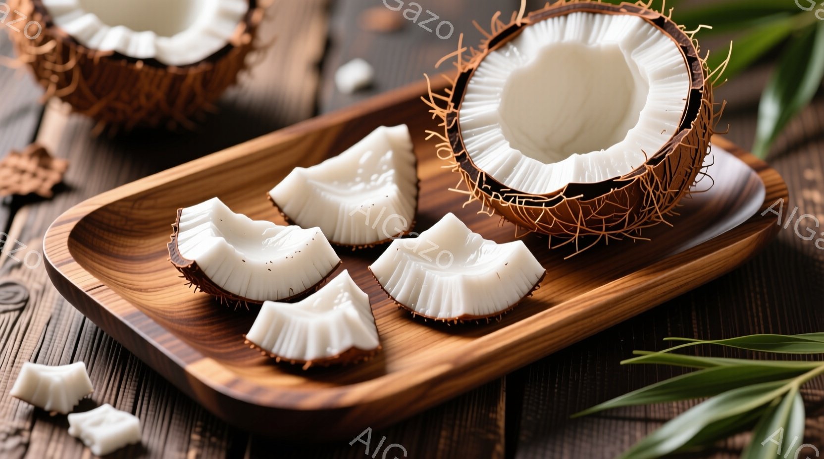 ココナッツの割れ目と果肉が、木製のプレートに盛り付けられています。プレートは暗い色の木製テーブルの上に置かれ、周囲にはココナッツの殻と緑色の葉が添えられています。全体的に、自然でエキゾチックな雰囲気を醸し出しています。