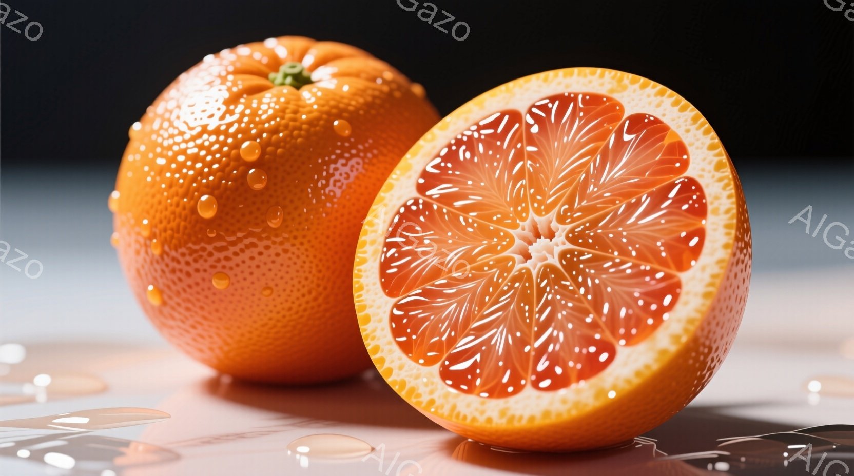 みずみずしいオレンジが２つ、光沢のある白い表面に置かれています。一つは丸ごとで水滴がつき、もう一つは半分にカットされており、果肉の鮮やかなオレンジ色が際立っています。背景は暗く、オレンジの明るい色と水 - AI生成フリー素材