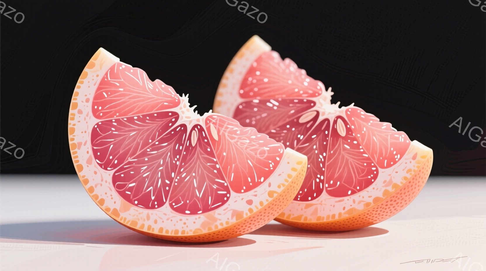 鮮やかなピンク色のグレープフルーツの断面が2つ、白い背景に配置されています。果肉の赤い部分と白い膜が、緻密な模様を作り出し、みずみずしさを感じさせます。光の反射が、滑らかな表面を強調し、全体的に爽やか - AI生成フリー素材