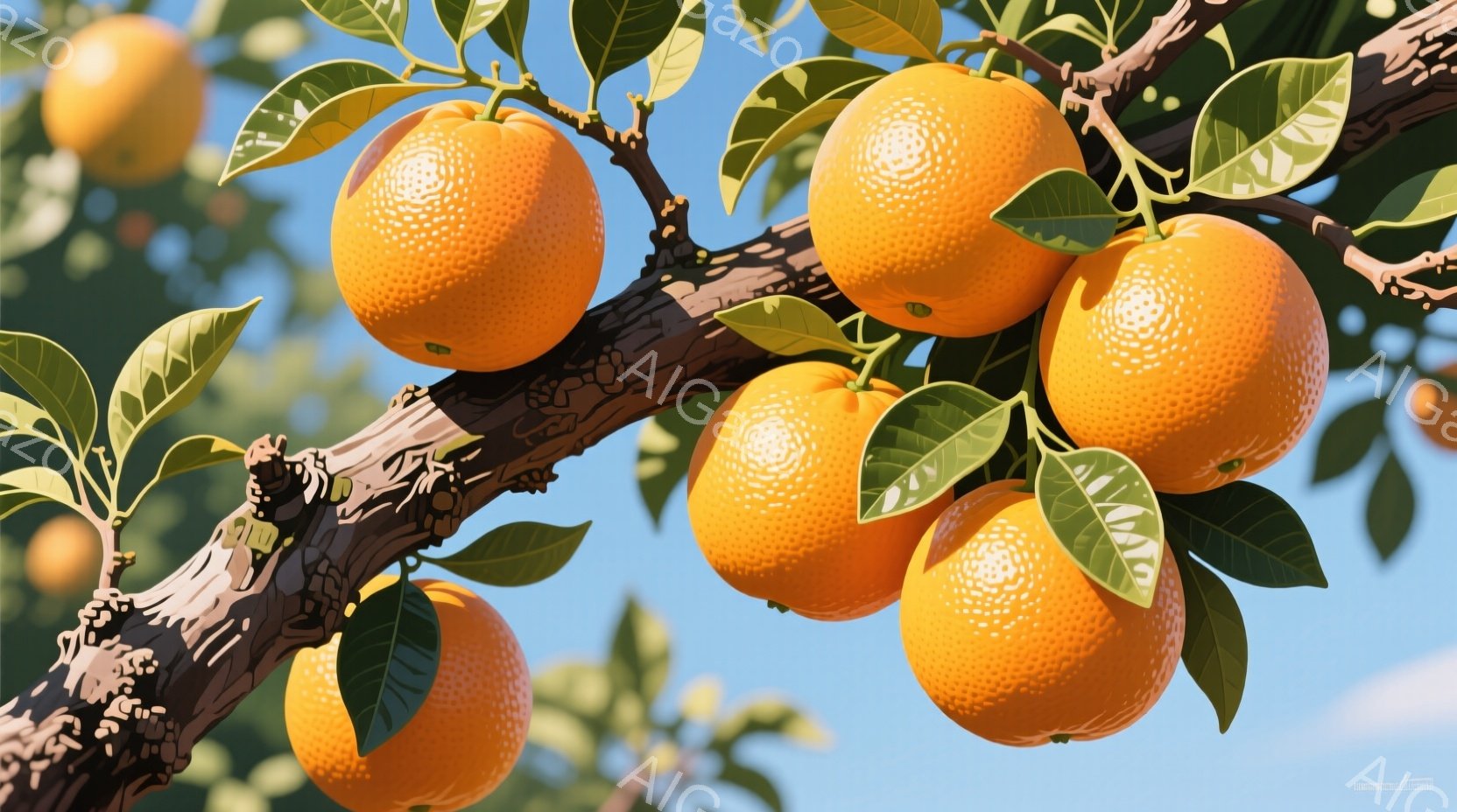 画像にはオレンジ色の実がたくさんついた木の枝が写っています。枝は太く、古木のような質感で、鮮やかな緑色の葉っぱが実の間から生えています。背景は青空で、オレンジの実が太陽の光を浴びて輝き、全体的に明るく活気のある雰囲気です。