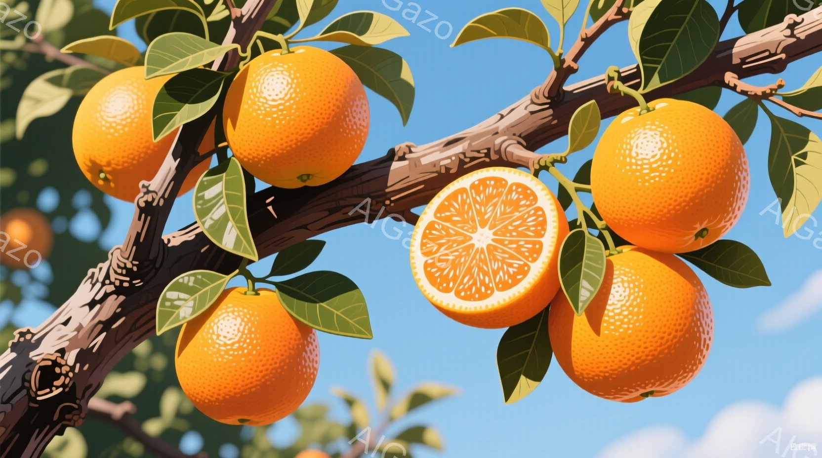 鮮やかなオレンジが枝に実っており、その一つは半分にカットされて中の果肉が露わになっています。背景には明るい青空と緑の葉が広がり、全体的に暖かく爽やかな印象を与えます。オレンジのテクスチャは詳細に描かれており、果実の瑞々しさが感じられます。
