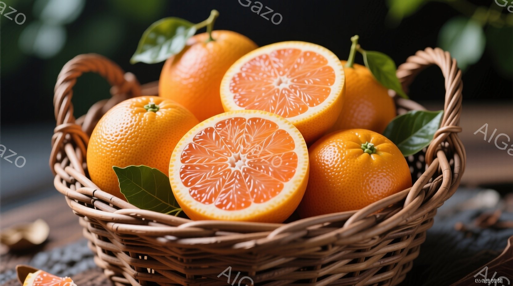 籠の中にオレンジがいくつか入っており、そのうちのいくつかは半分にカットされている。鮮やかなオレンジ色が目に立ち、葉っぱが添えられていることで、フレッシュな印象を与える。背景は暗く、木製のテーブルの上に - AI生成フリー素材