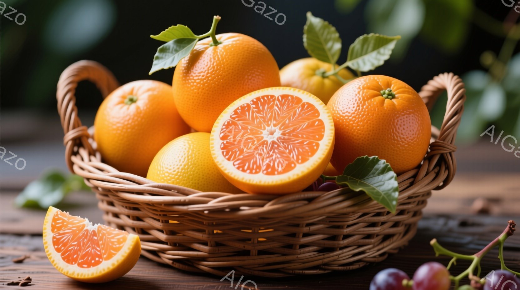 籠の中にオレンジがいくつか入っており、そのうちの一つは半分にカットされて中身が見えています。オレンジには緑色の葉が付いており、木製のテーブルの上に置かれています。籠の周りにはぶどうが少し写っており、全体的に暖かく、新鮮な果物の雰囲気が漂っています。