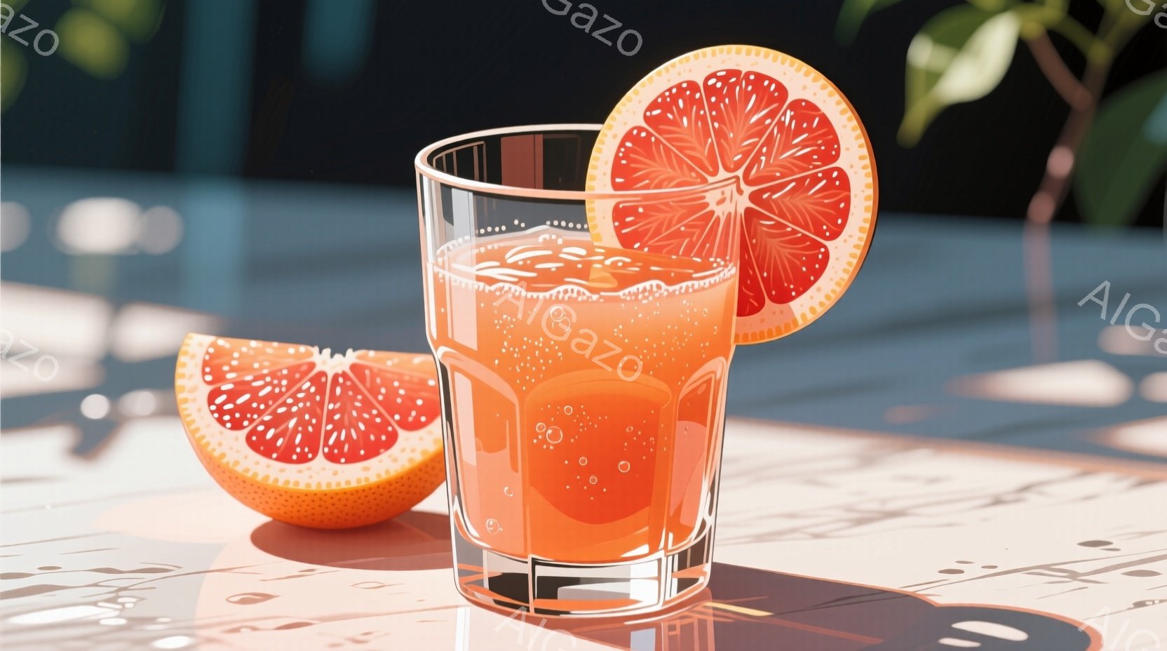 鮮やかなピンク色のグレープフルーツジュースがグラスに満たされ、グラスの縁にはグレープフルーツのスライスが飾られています。背景にはぼやけた屋外の風景が見え、暖かく晴れた日差しが差し込む様子が伺えます。全体的に爽やかでリラックスした雰囲気が漂っています。
