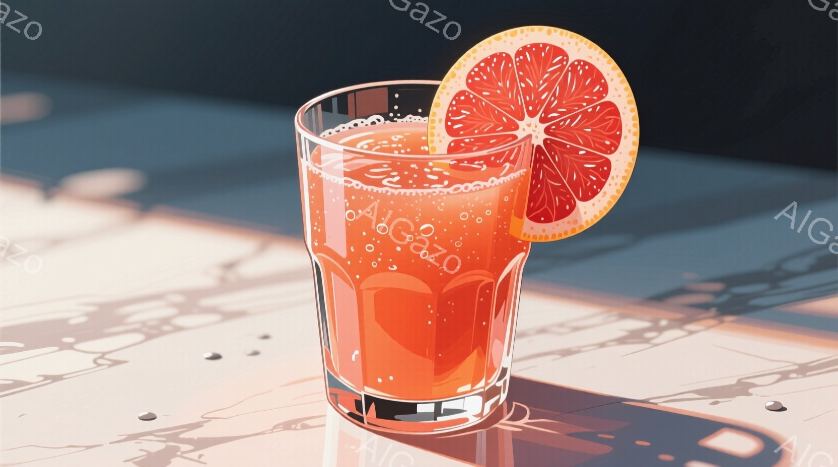 オレンジ色の液体が入ったグラスが、テーブルの上に置かれています。グラスの縁にはオレンジのスライスが飾られ、光沢のあるテーブル面に影が落ちています。全体的に爽やかで、夏の日のドリンクを思わせる雰囲気です - AI生成フリー素材