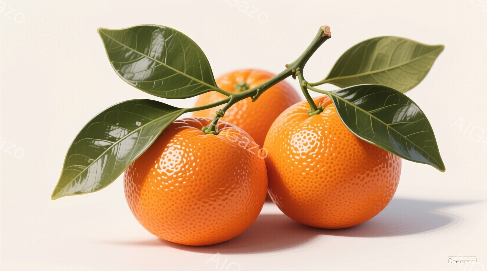 みかんが三つ、緑の葉とともに白い背景に配置されている。みかんは鮮やかなオレンジ色で、表面には小さな凹凸が見られる。葉は光沢があり、みかんの鮮やかさを引き立てている。