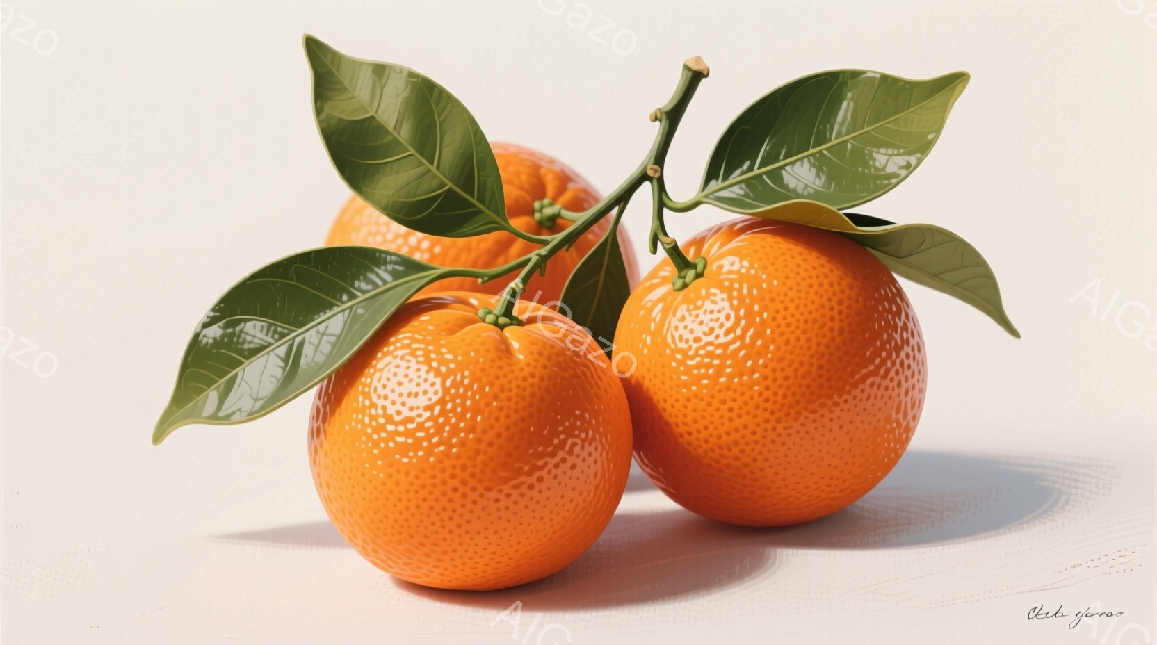 みかんが３つ、緑の葉と共に白い背景に配置されている。みかんは鮮やかなオレンジ色で、表面には細かい凹凸が写実的に描かれている。葉は光沢があり、みかんの鮮やかさを引き立てている。 - AI生成フリー素材
