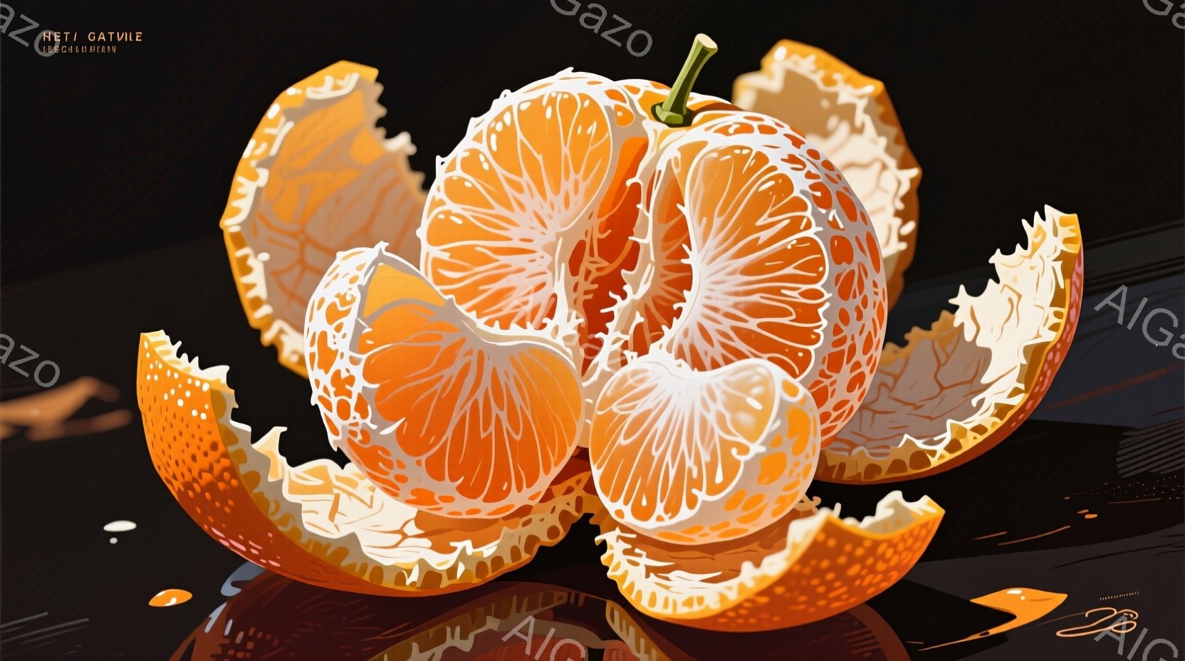 鮮やかなオレンジが剥きかけで、果肉が露わになっているクローズアップ写真です。オレンジの表面は光沢があり、果汁が滴る様子が表現されています。背景は暗く、反射が写り込み、オレンジの鮮やかさを際立たせています。