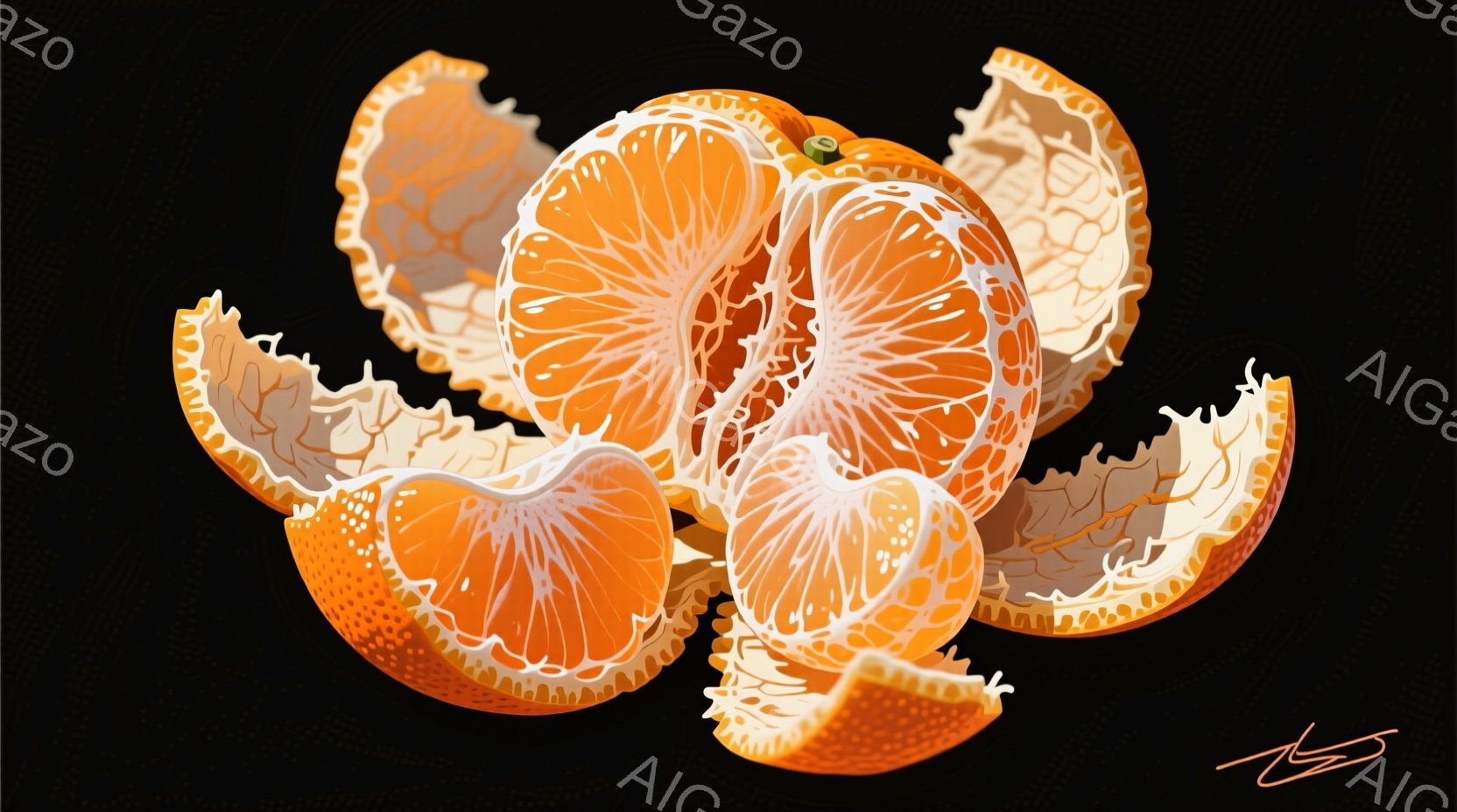 鮮やかなオレンジ色が印象的なみかんが剥きかけで描かれています。果肉が露出し、種がいくつか見え、みかんの皮は波打つように剥がれており、みずみずしさが感じられます。背景は真っ黒で、みかんの鮮やかさが際立っており、シンプルながらも食欲をそそる雰囲気が漂っています。