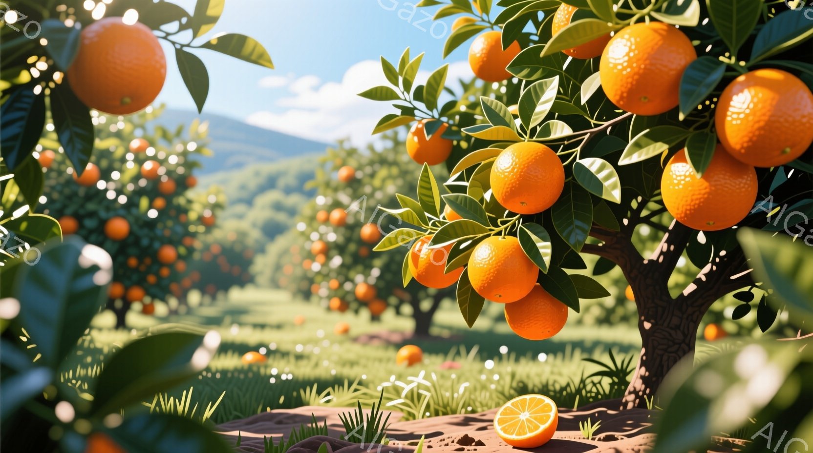 鮮やかなオレンジ色の実がたわわに実ったオレンジ園が広がっています。木々は緑豊かな背景の丘陵地帯に点在し、暖かい日差しが降り注いでいます。前景には切り開かれたオレンジが置かれ、全体的に明るく穏やかな雰囲 - AI生成フリー素材