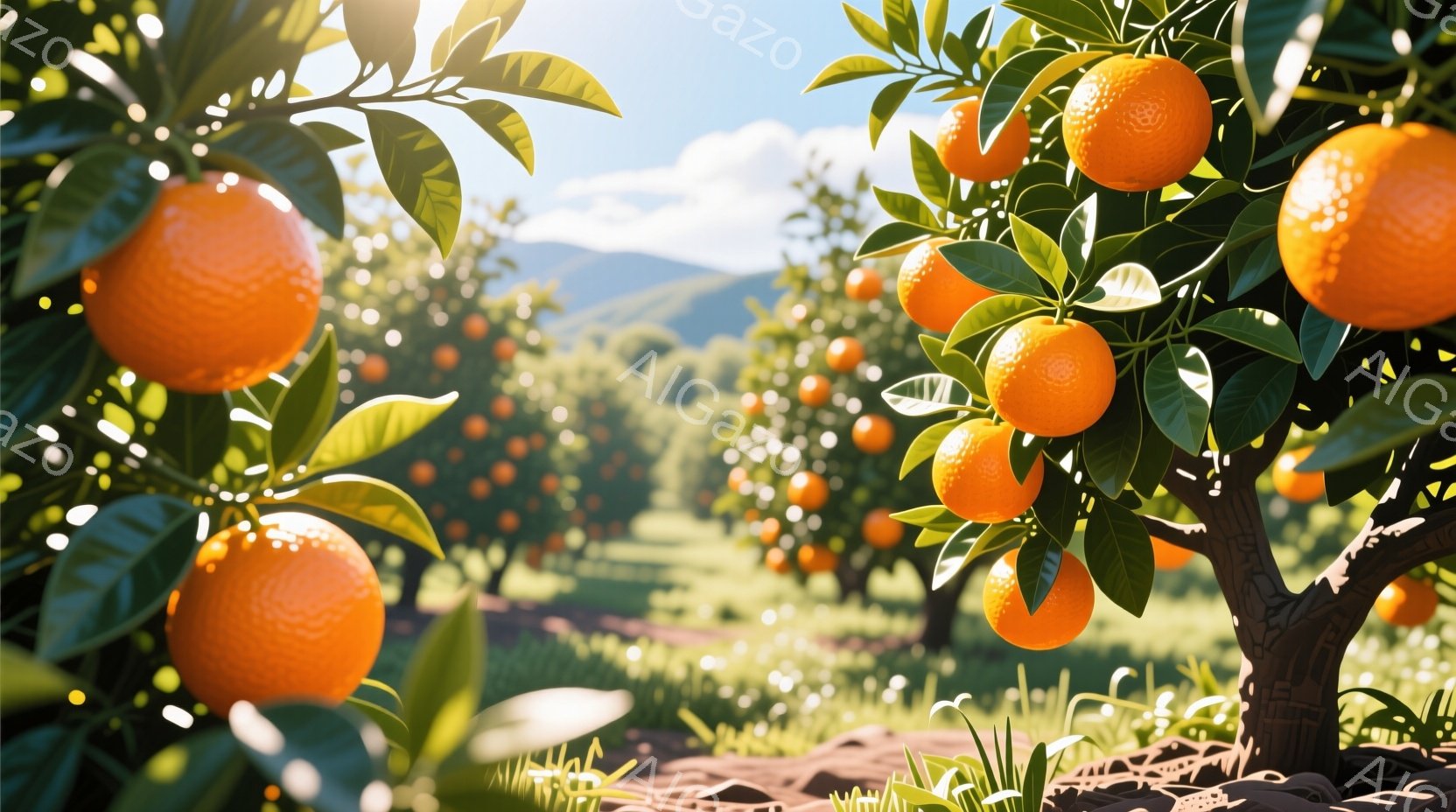 鮮やかなオレンジがたわわに実ったオレンジ園が広がっている。背景には緑豊かな丘陵地帯が広がり、晴天の下、暖かく穏やかな雰囲気が漂っている。オレンジの葉は濃い緑色で、果実とのコントラストが美しい。 - AI生成フリー素材