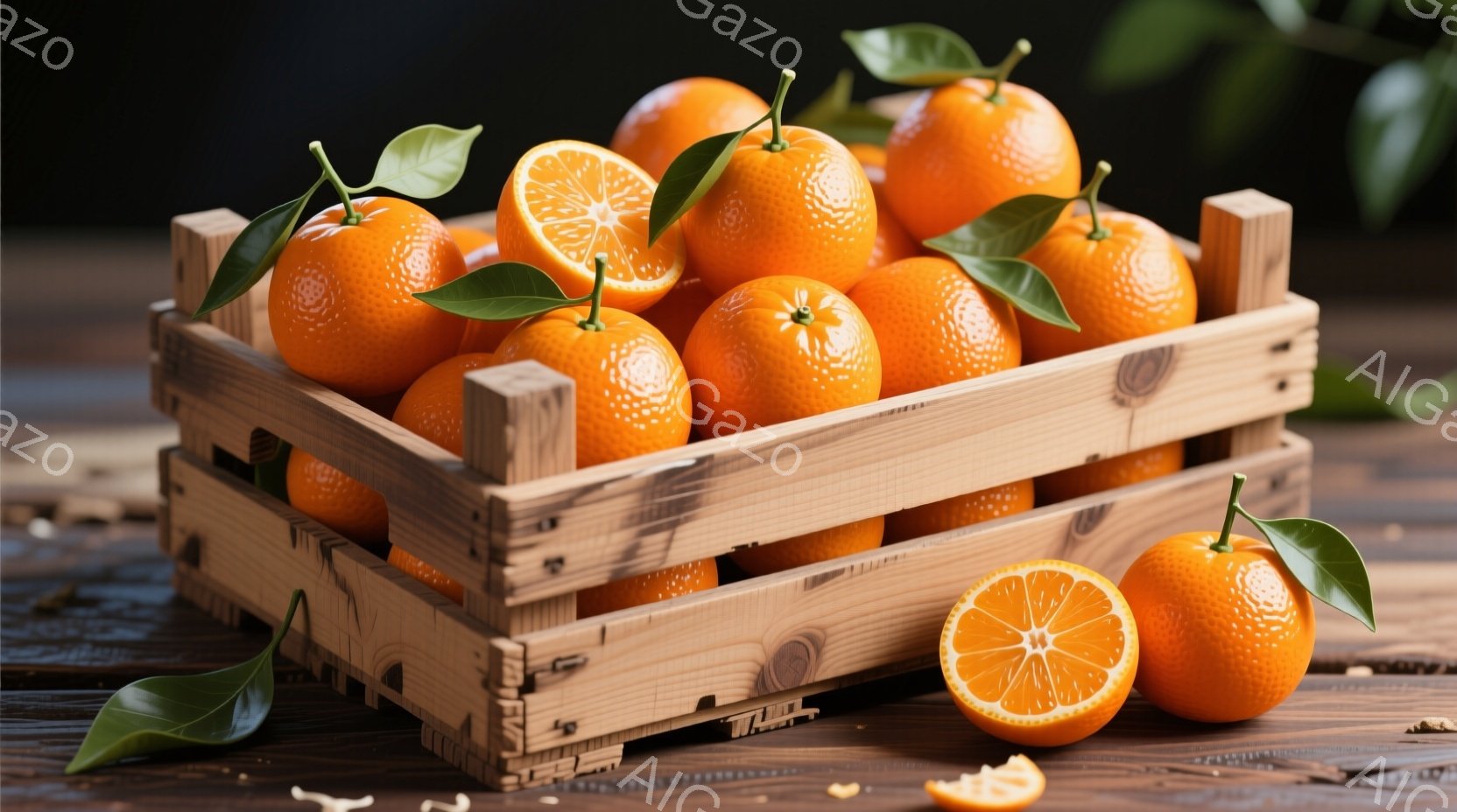 鮮やかなオレンジが木製の箱にぎっしりと詰まっています。葉が付いたオレンジと、半分にカットされたオレンジがいくつか見え、新鮮さと美味しさを感じさせます。箱は木製のテーブルの上に置かれ、全体的に暖かく、自 - AI生成フリー素材