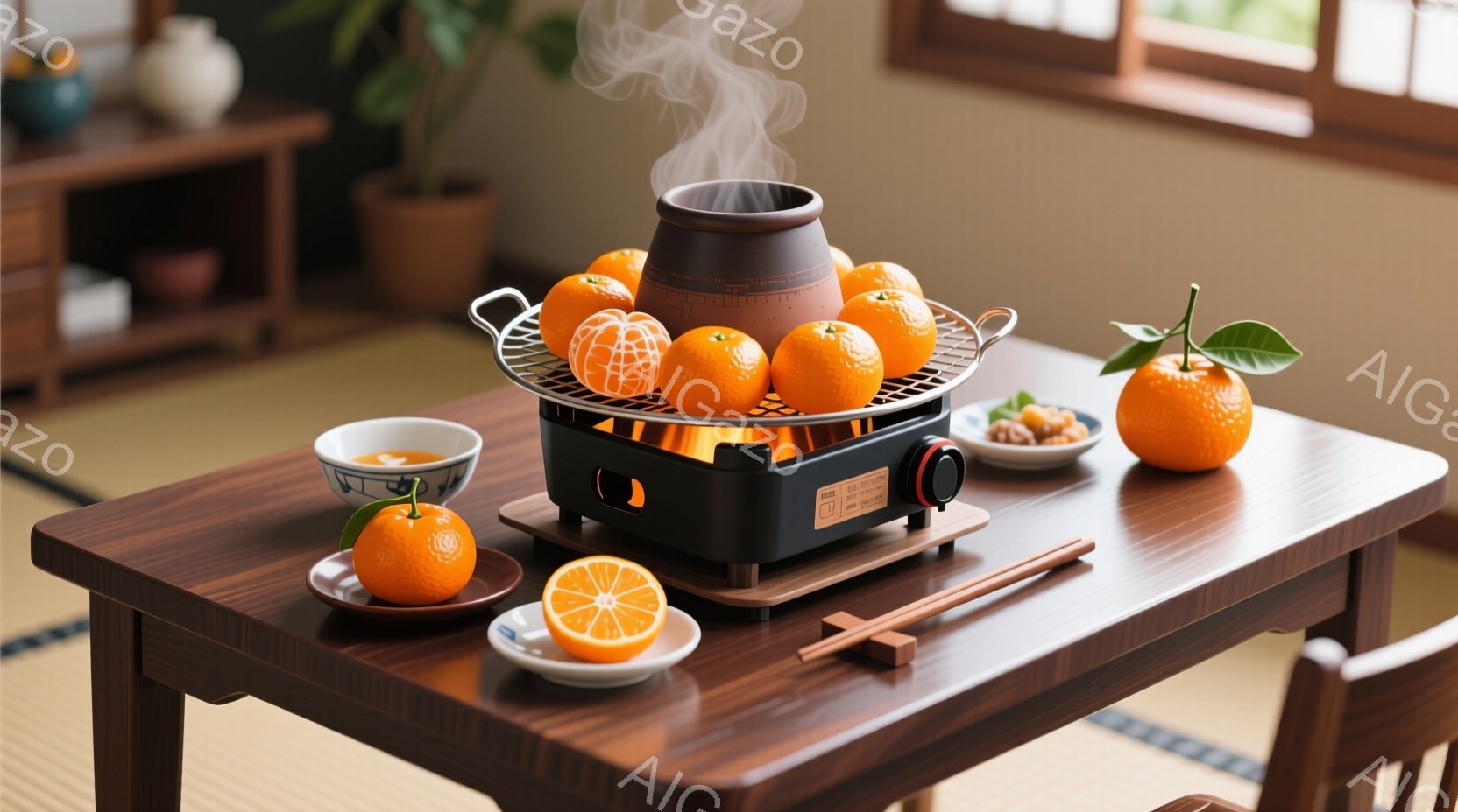 温かい色合いのミカンが、卓上コンロで焼かれている様子が描かれている。木製のテーブルの上には、ミカン、お茶碗、箸、焼き網、そしてコンロが配置されており、日本の家庭的な雰囲気が漂っている。背景には畳と木製の棚があり、暖かく穏やかな冬の日の情景を思わせる。