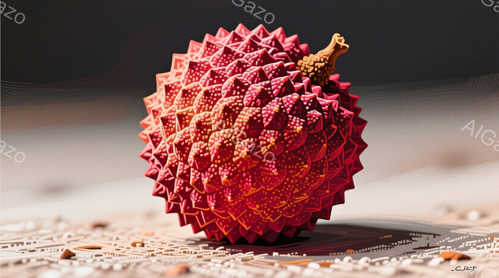 赤色の棘のような突起で覆われた球体状の物体が画面中央に大きく配置されています。下には、細かく描かれた都市の風景が広がっており、その光と影が複雑なパターンを作り出しています。 全体として、鮮やかな色と詳細なテクスチャが、独特で幻想的な雰囲気を醸し出しています。