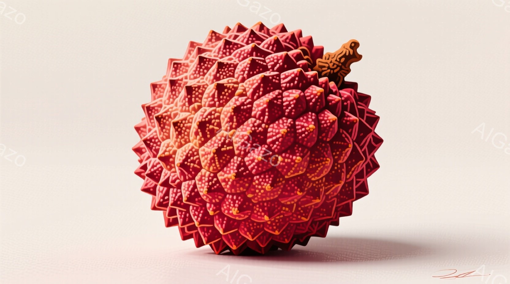 鮮やかな赤色の折り紙が、球体のように積み重ねられており、表面には無数の小さな三角形が密集している。その頂上には、小さな金色のカエルがちょこんと座っており、まるで王冠を被っているかのようだ。背景は淡いベ - AI生成フリー素材