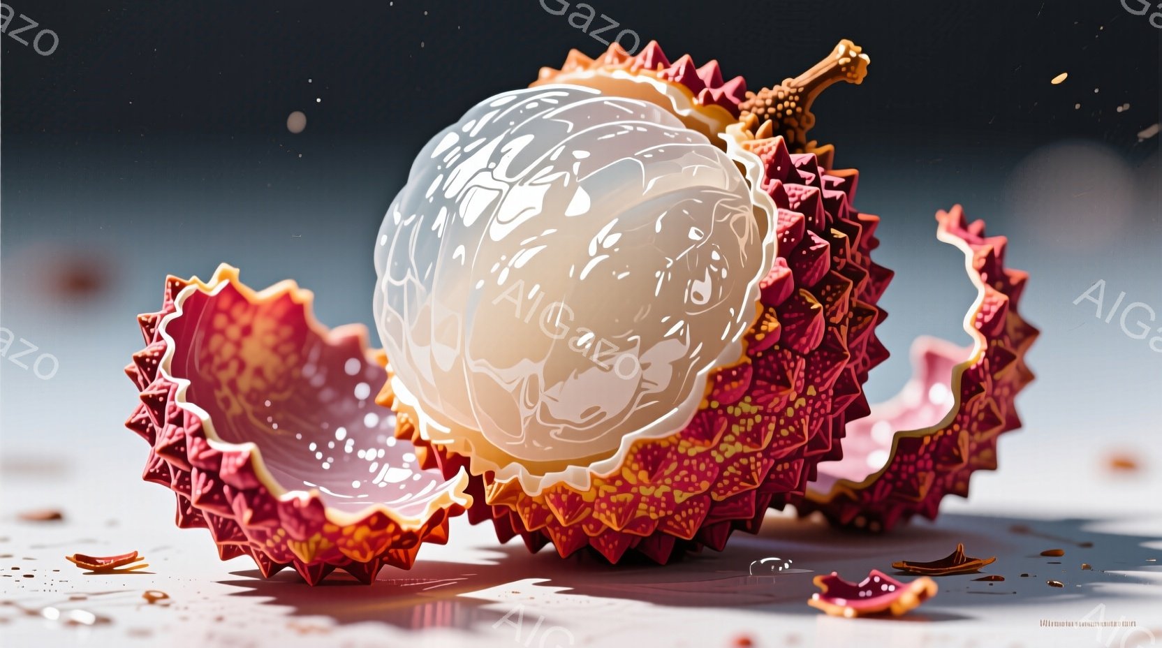 鮮やかな赤とピンクの棘状の殻が割れており、その中から光り輝く白い球体が現れています。球体は半透明で、内部に複雑な模様が見て取れます。背景は淡いグレーで、地面には割れた殻の破片が散らばっており、幻想的で神秘的な雰囲気を醸し出しています。