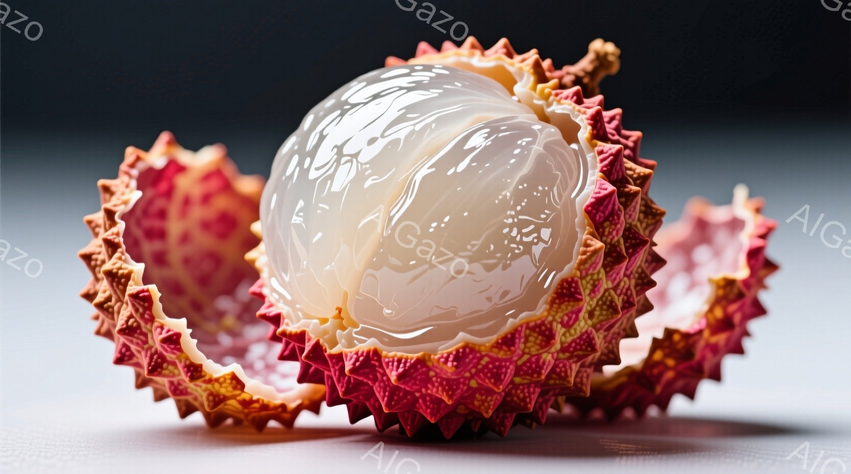 鮮やかな赤と黄色の棘に覆われたライチが、半分に割れて中身の白い果肉を露わにしている。果肉は光沢があり、透明感があり、水分を多く含んでいるように見える。背景は淡いグレーで、ライチが際立って見えるように設計されている。