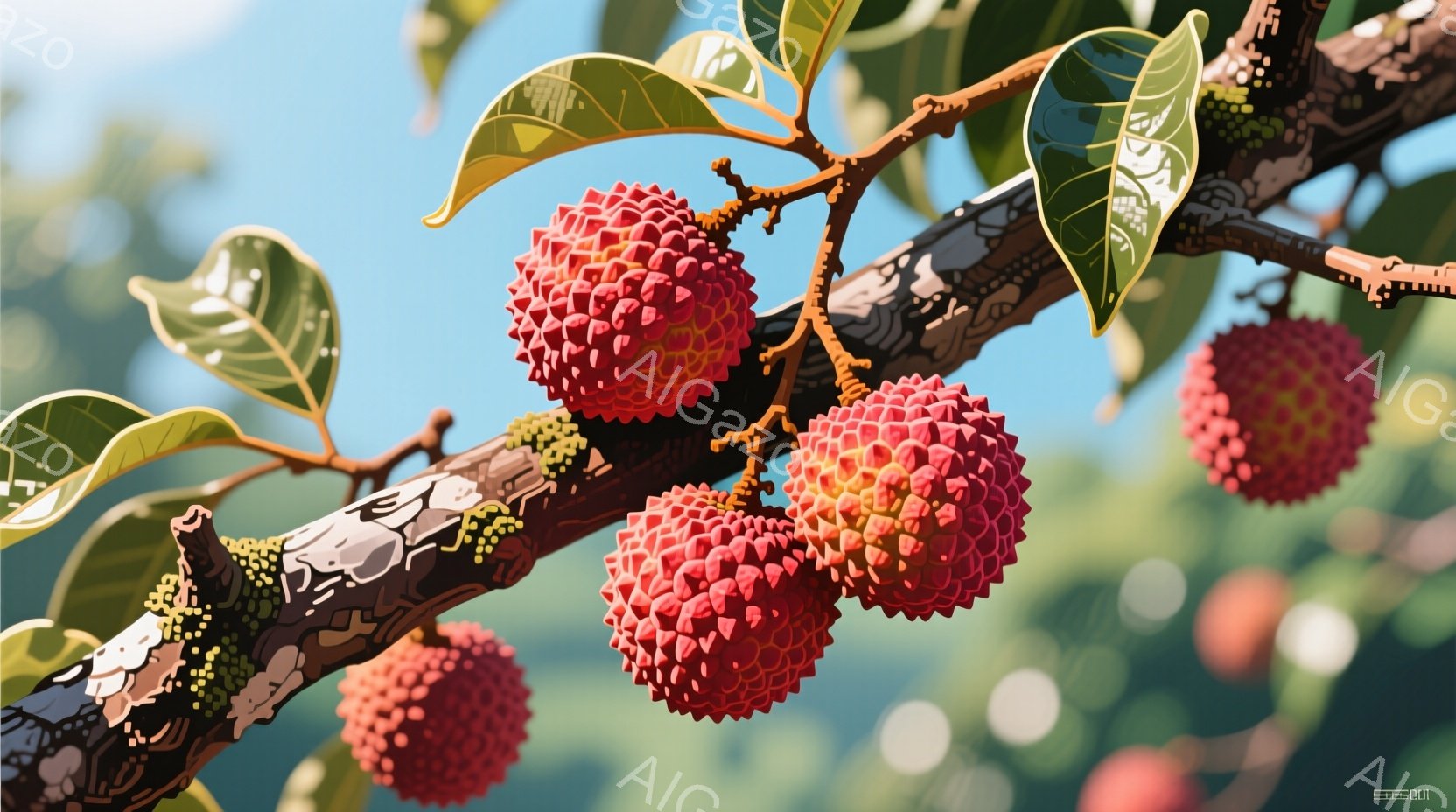 枝にライチが密集して実っています。鮮やかな赤色の果実は、ゴツゴツとした皮で覆われ、緑色の葉に囲まれています。背景は明るい空とぼやけた緑で、夏の太陽の下で実るライチの活気ある雰囲気を伝えています。 - AI生成フリー素材