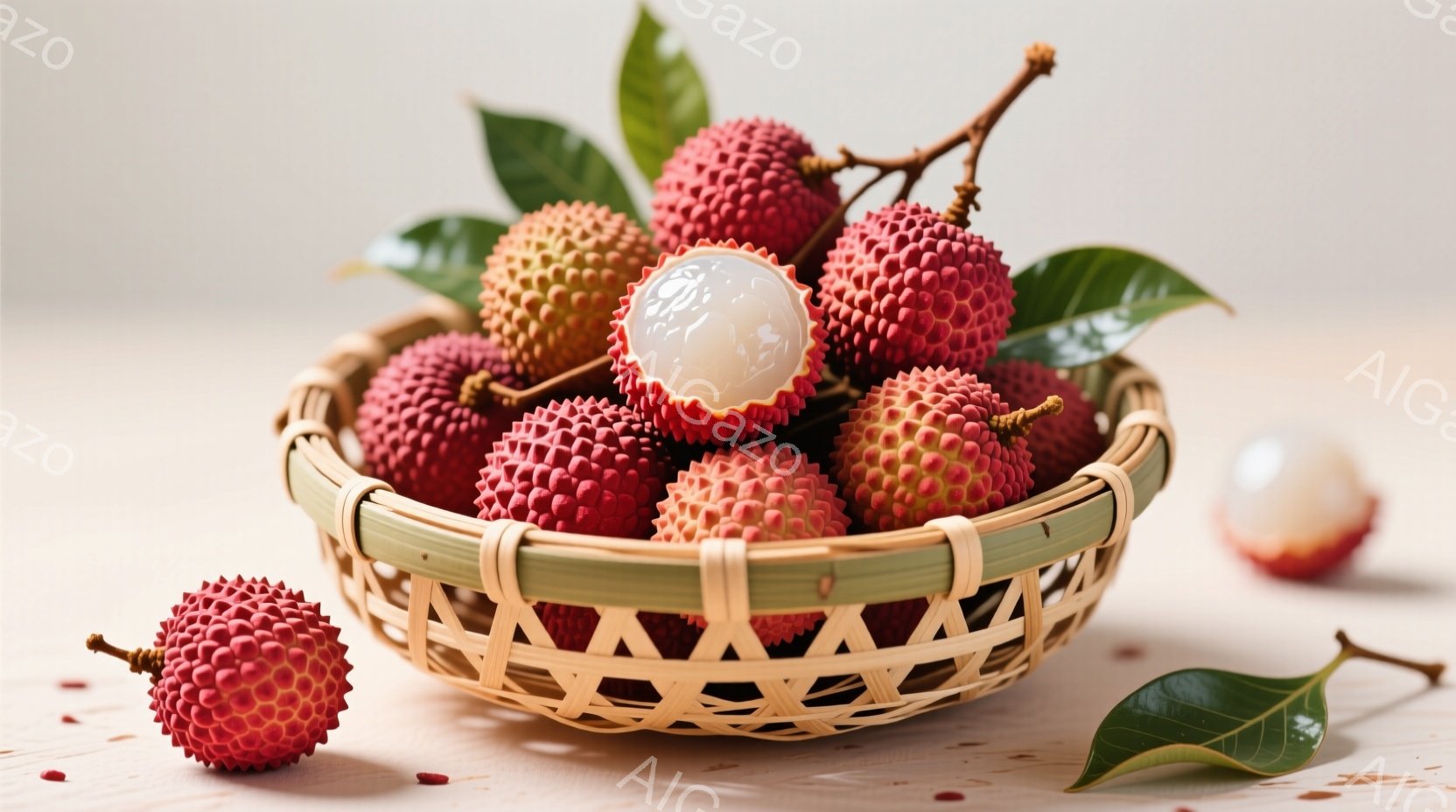 籠の中にライチがたっぷり入っており、その一部は実をむいて種が見える状態です。背景は薄い木の板で、緑の葉と実がいくつか散らばっています。全体的に暖かく、自然で、果物の美味しさを引き立てる雰囲気です。 - AI生成フリー素材