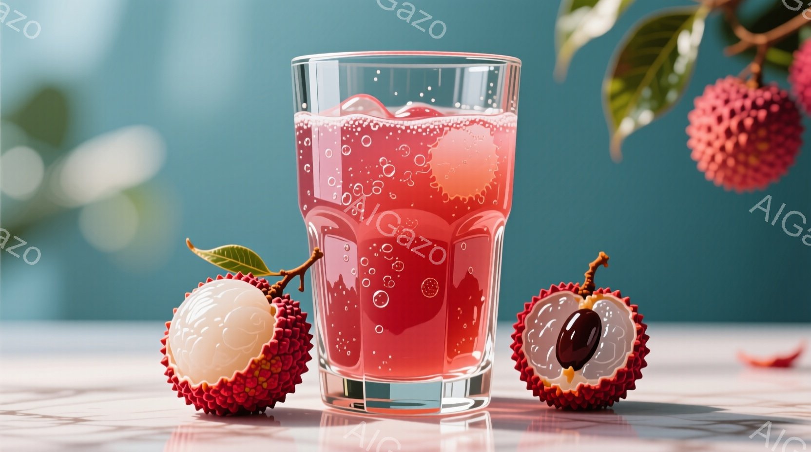 鮮やかなピンク色のライチジュースがグラスに満たされ、泡が立ち上っています。ライチの実が2つ、それぞれ皮付きと実が露出した状態でグラスの左右に置かれています。背景は淡いブルーで、ライチの葉が少し見え、全体的に爽やかで食欲をそそる雰囲気です。