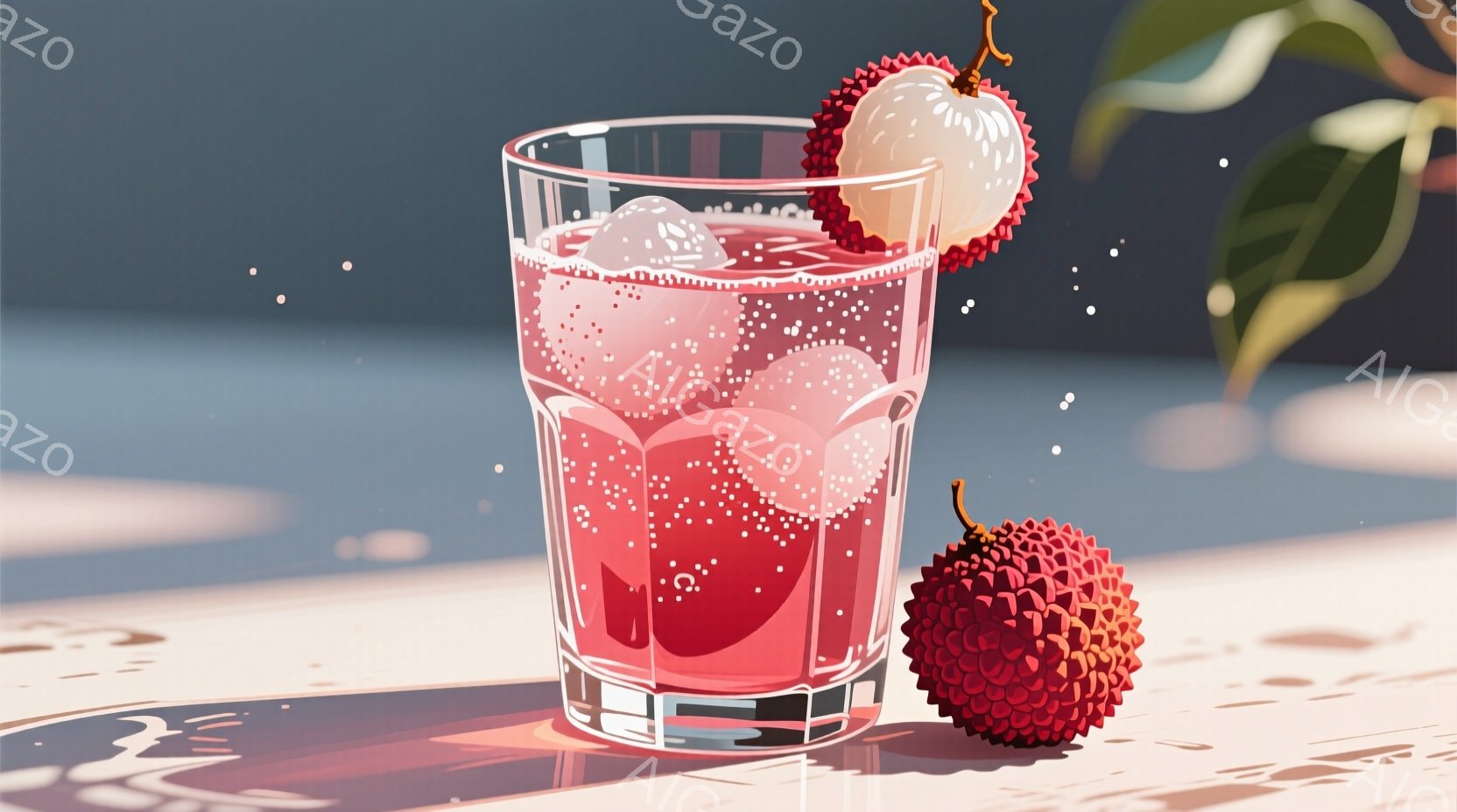 光沢のあるグラスに、ピンク色の泡立つドリンクが満たされ、ライチが飾られています。テーブルの上にはライチが一つ転がり、背景には緑の葉が見え、穏やかで爽やかな夏の日の雰囲気を醸し出しています。全体的に、鮮やかで美味しそうな、視覚的に魅力的な光景です。