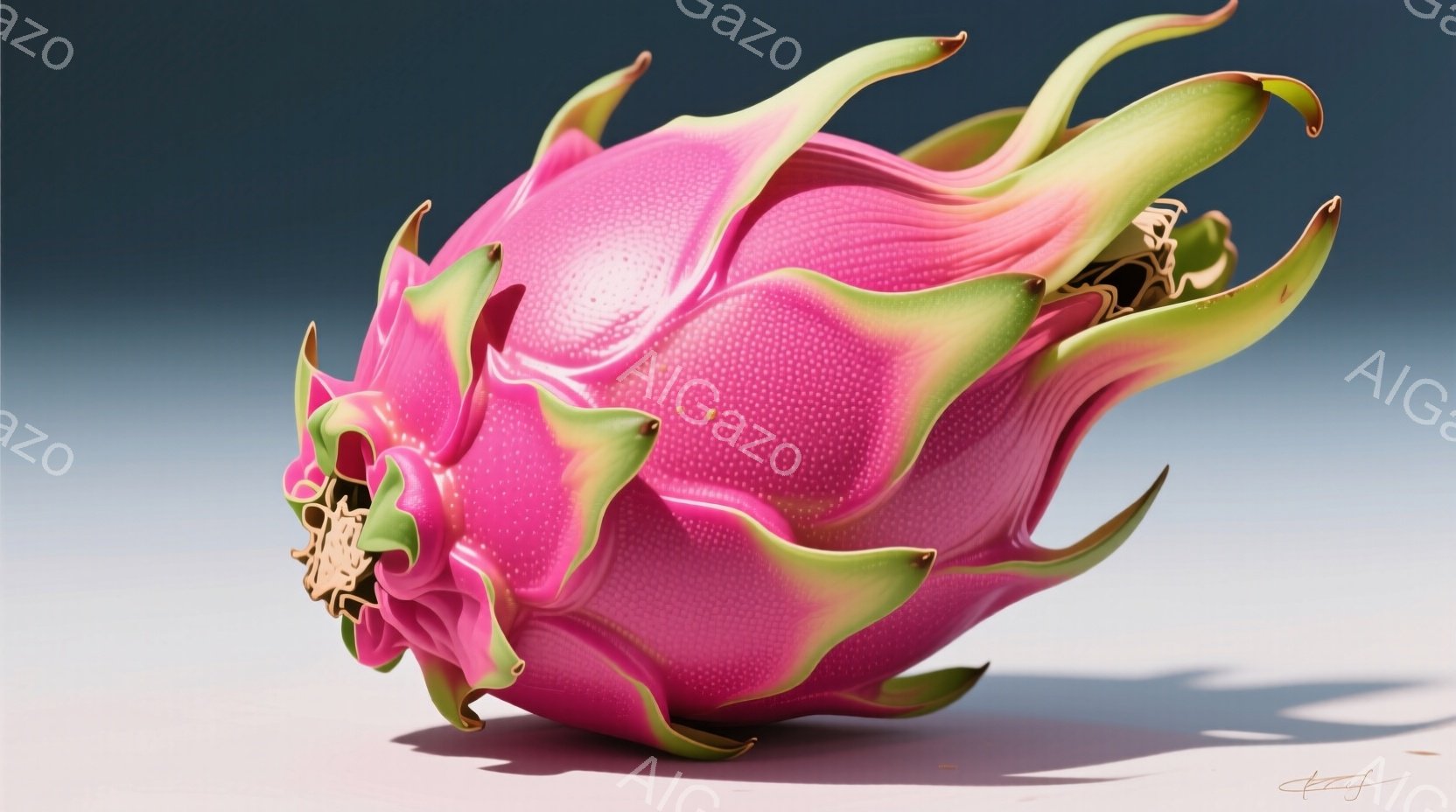 鮮やかなピンク色のドラゴンフルーツが、白みがかったグレーの背景に置かれています。フルーツは独特の棘状の突起を持っており、緑色の部分がアクセントになっています。光が当たって、フルーツの表面の質感と影が際立っています。