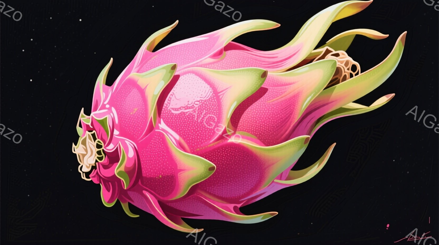 深いピンク色をしたドラゴンフルーツが、黒い背景に浮かび上がっています。鮮やかな緑色の鱗のような突起が特徴的で、まるで生き物のような躍動感があります。光の加減により、フルーツの表面に微妙なグラデーションが生まれ、幻想的な雰囲気を醸し出しています。