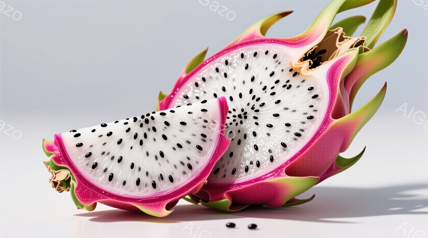 ドラゴンフルーツが半分にカットされ、ピンク色と緑色の皮、そして白い果肉と小さな黒い種がはっきりと見えます。果肉の断面は星形に近く、そのコントラストが印象的です。背景は白く、わずかに影があり、果物が際立 - AI生成フリー素材