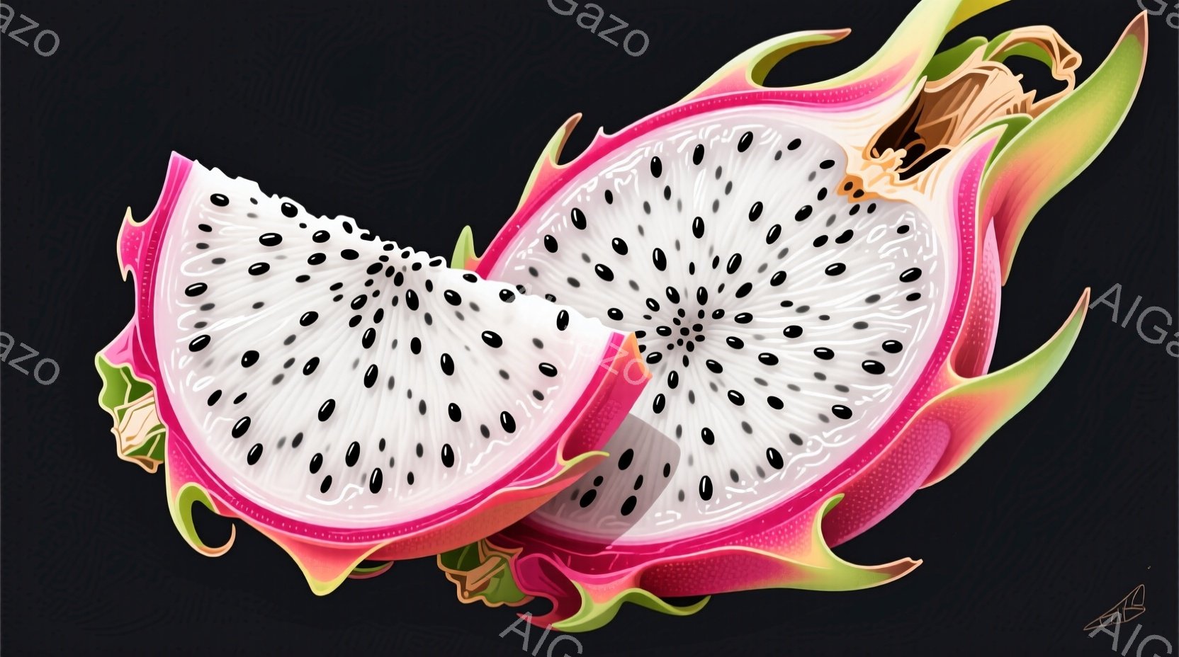 ドラゴンフルーツが半分にカットされた画像です。果肉は白く、黒い種が星のように散りばめられています。鮮やかなピンク色の皮は、緑色の鱗状の突起を持っており、背景は暗く、果実が際立っています。 - AI生成フリー素材