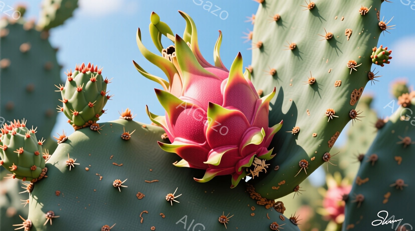 鮮やかなピンク色のドラゴンフルーツが、緑色のサボテンの茎に咲き誇る様子を捉えています。背景には、他のサボテンが密集し、青空の下、日差しが差し込んでいます。全体的に、生命力にあふれ、活気のある雰囲気が漂っています。