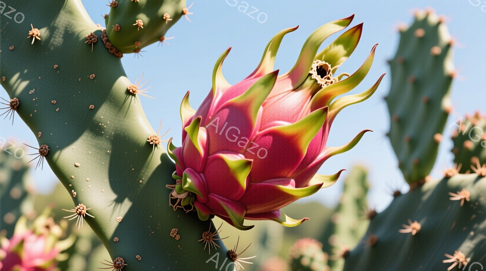 鮮やかなピンク色のドラゴンフルーツの花が、緑色のサボテンの茎に咲き誇っている。花びらは尖った形状で、サボテンの棘と調和し、背景には他のサボテンがぼやけて写っている。晴れた日の光が差し込み、植物の鮮やかな色を引き立てている。