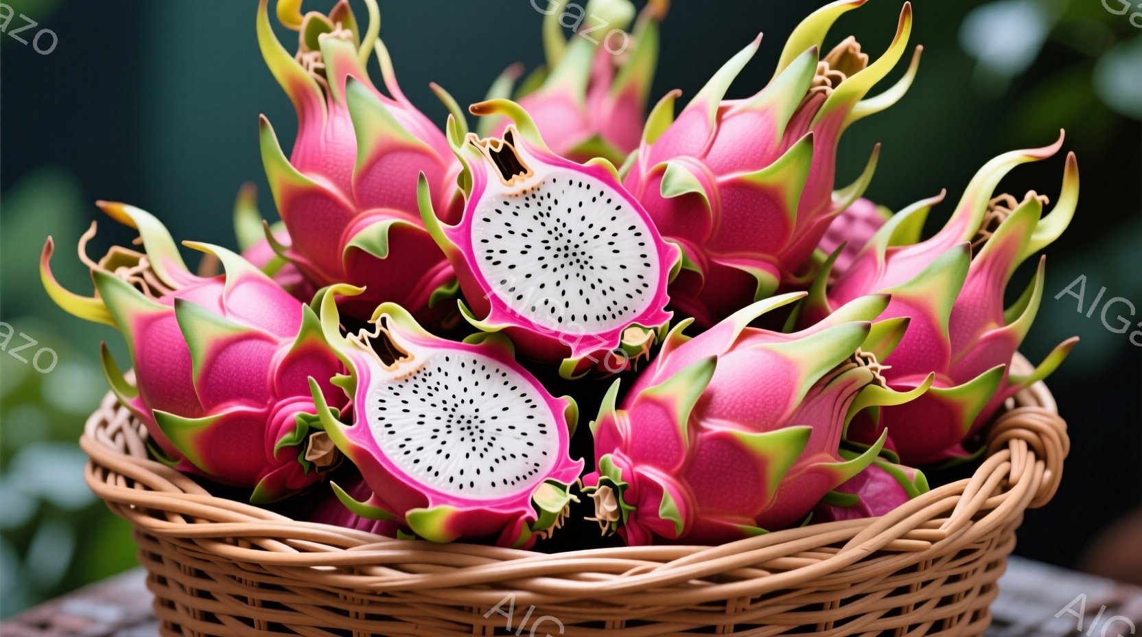 ピンク色のドラゴンフルーツが、茶色の編み込みバスケットにたっぷりと盛られています。果肉は白い小さな種で散りばめられ、鮮やかな緑色の鱗のような棘が特徴的です。背景はぼやけていますが、自然光が差し込み、全体的にフレッシュでトロピカルな雰囲気が漂っています。