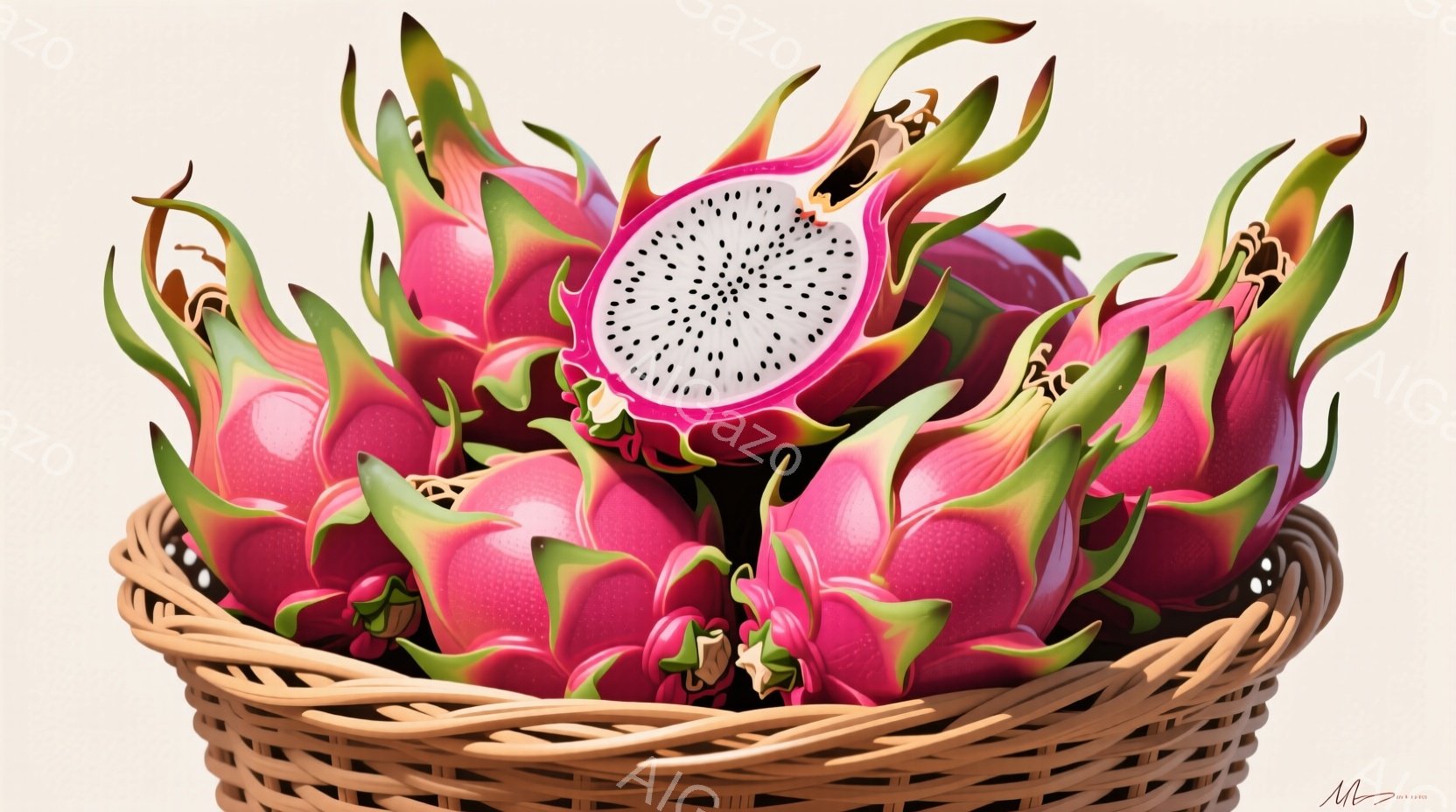 鮮やかなピンク色のドラゴンフルーツが、編み込まれたバスケットに山のように盛られています。フルーツは棘のような鱗を持ち、一部は半分にカットされて内部の白い実と黒い種が見えます。全体的に、熱帯の雰囲気と豊かな色彩が印象的な静物画です。