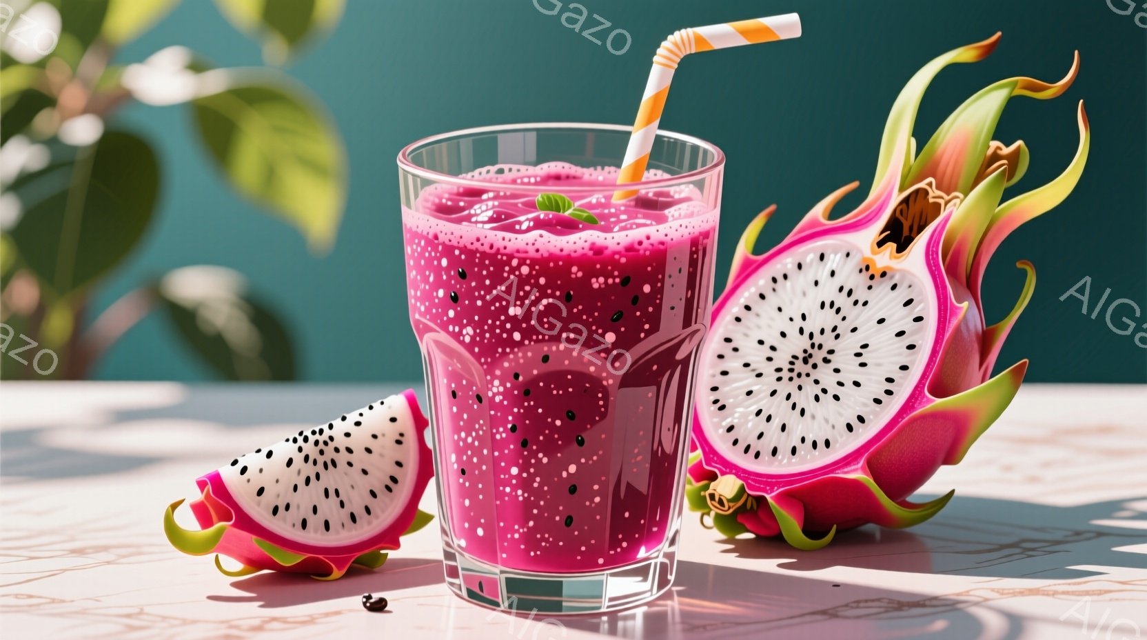 鮮やかなピンク色のドラゴンフルーツのスムージーがグラスに注がれ、ストローが差し込まれています。スムージーの周りには、半分にカットされたドラゴンフルーツが2つ置かれ、その種子がはっきりと見えます。背景は青緑色で、影が落とされており、全体的に爽やかで夏らしい雰囲気です。