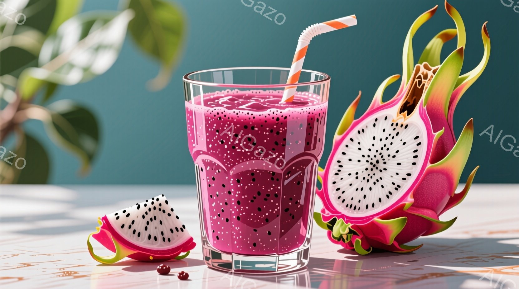 鮮やかなピンク色のドラゴンフルーツスムージーが、カットされたドラゴンフルーツと並んで置かれています。背景には緑の葉が光に照らされ、テーブルに影が落ちています。全体的に、爽やかで健康的な雰囲気が漂い、夏らしいシーンが表現されています。