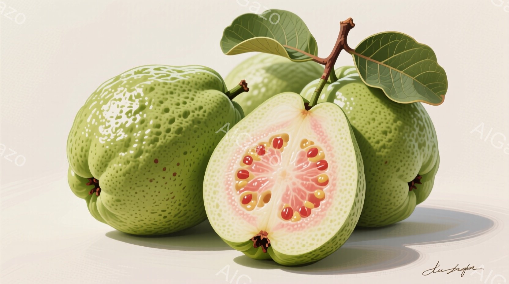 鮮やかな緑色の番石榴が３つ、白い背景に置かれています。一つは半分にカットされており、ピンク色の種子が詰まった果肉が露わになっています。葉は濃い緑色で、質感と立体感が強調されています。