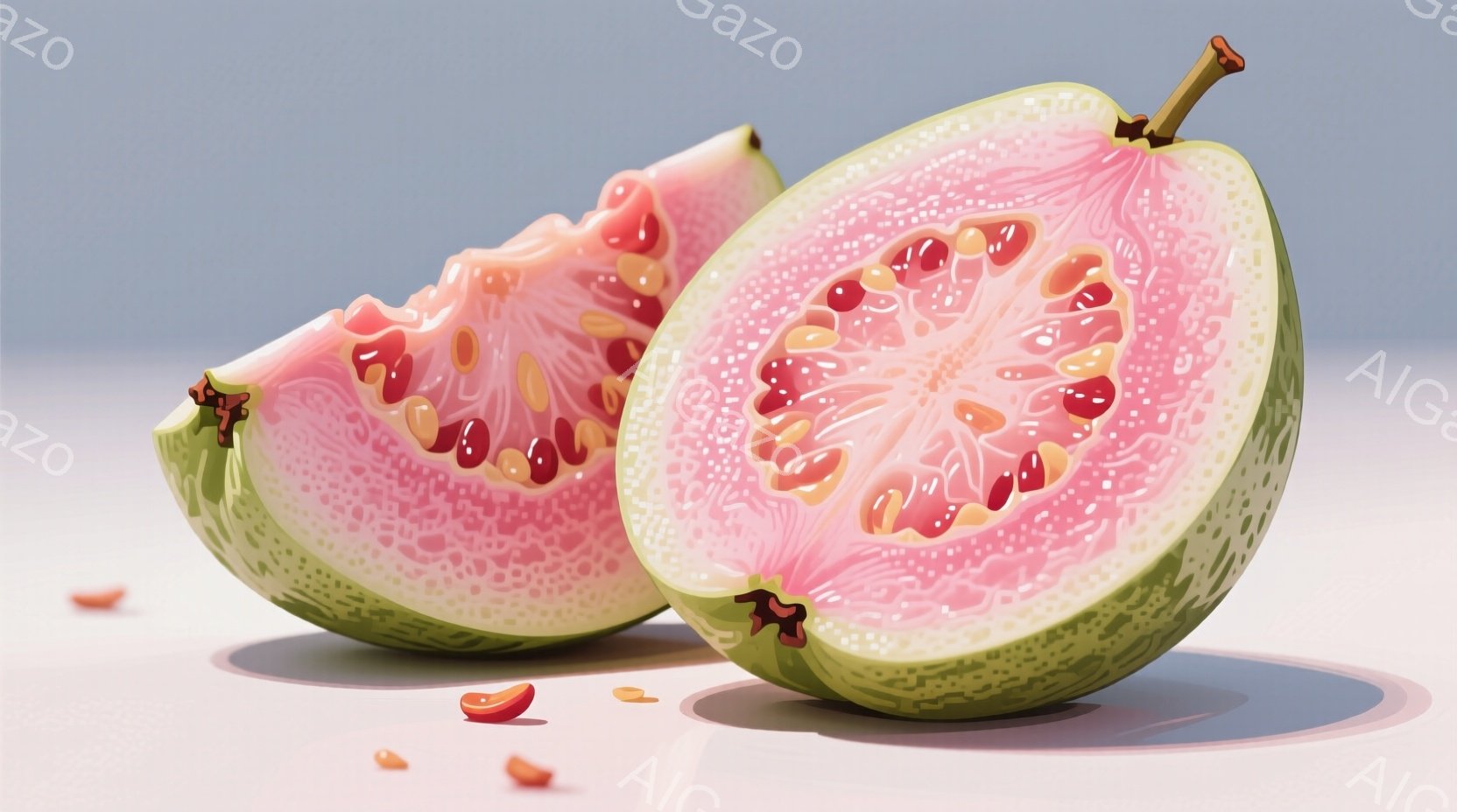 半分に切られたグアバが2つ写っています。果肉はピンク色で、中央には多数の小さな種子が密集しており、表面には緑色の皮が残っています。背景は淡いピンク色で、いくつかの種子が散らばっており、全体的に爽やかで食欲をそそる雰囲気です。