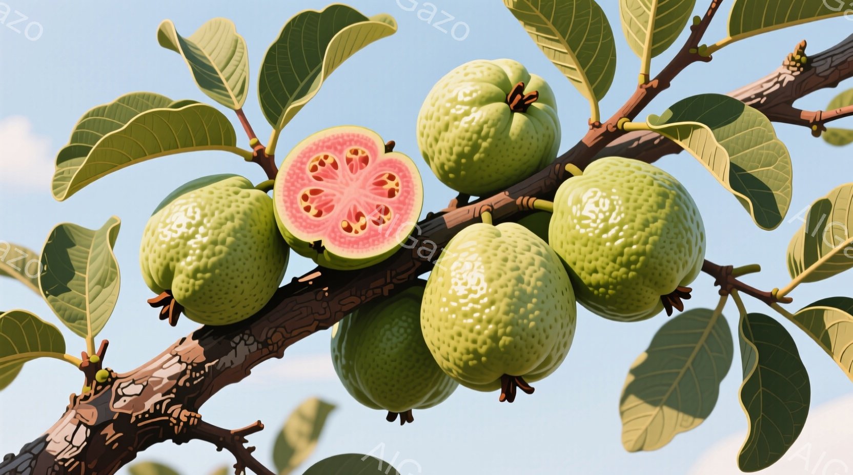 枝に実ったグアバがいくつか見られます。緑色の丸い実の一部は切り開かれ、ピンク色の果肉と小さな種がはっきりと見えます。背景には穏やかな青空が広がり、葉と枝が自然な雰囲気を醸し出しています。