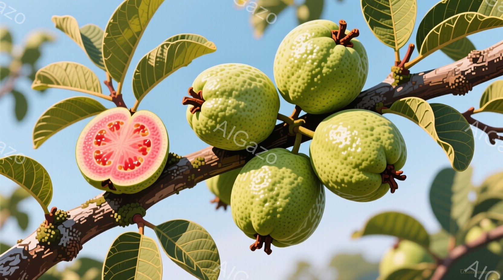 緑色の葉と実が茂ったグアバの枝が写っています。実の中には、赤色の果肉が確認できるものもあり、新鮮さと甘みが感じられます。背景は青空で、自然の豊かさと穏やかな雰囲気が漂っています。