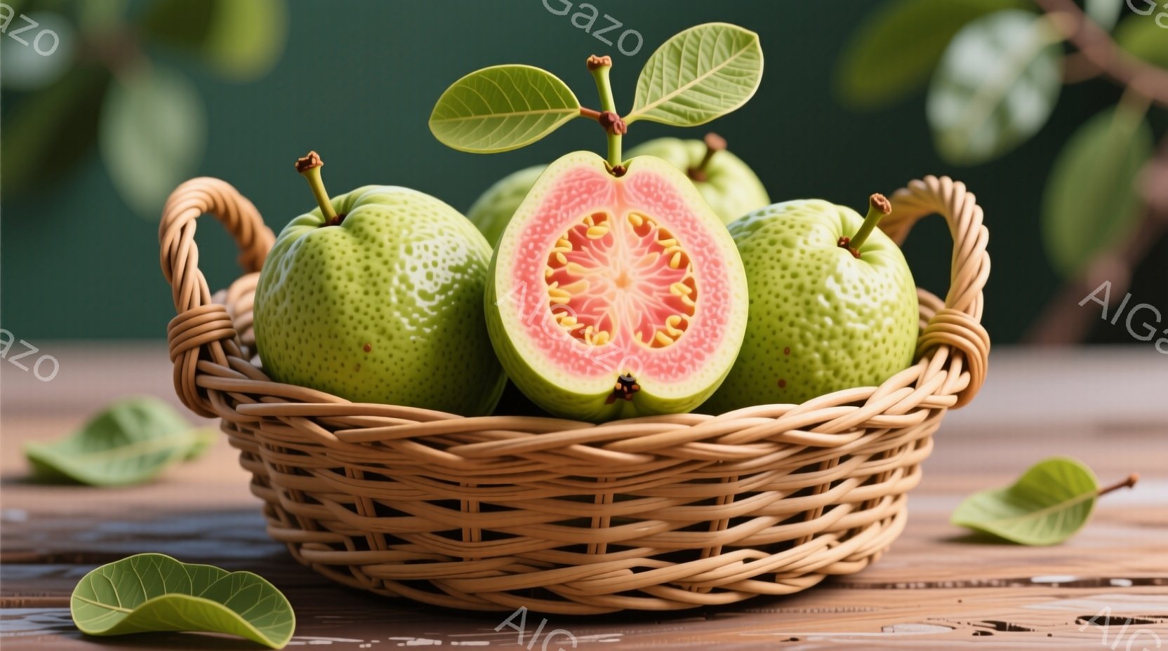 籐編みの籠の中に緑色のガイバノキの実がいくつか入っており、一つは半分に切られて中身のピンク色の果肉が見えている。実の周りには、鮮やかな緑色の葉がいくつか散らばり、背景はぼやけた木々の緑で、暖かく穏やかな雰囲気を醸し出している。木製のテーブルの上に置かれており、自然な色合いと素材感が強調されている。