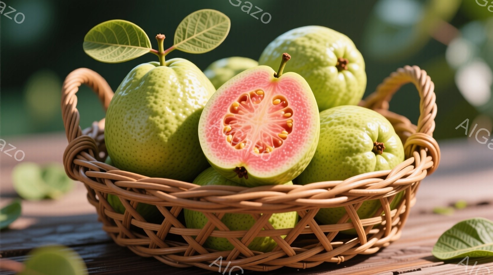 籐編みのバスケットにグアバがたっぷり詰まっています。一つは半分に切られており、ピンク色の果肉と種が見えています。背景は木製のテーブルで、グアバの葉がいくつか散らばっており、全体的に自然で新鮮な雰囲気が - AI生成フリー素材